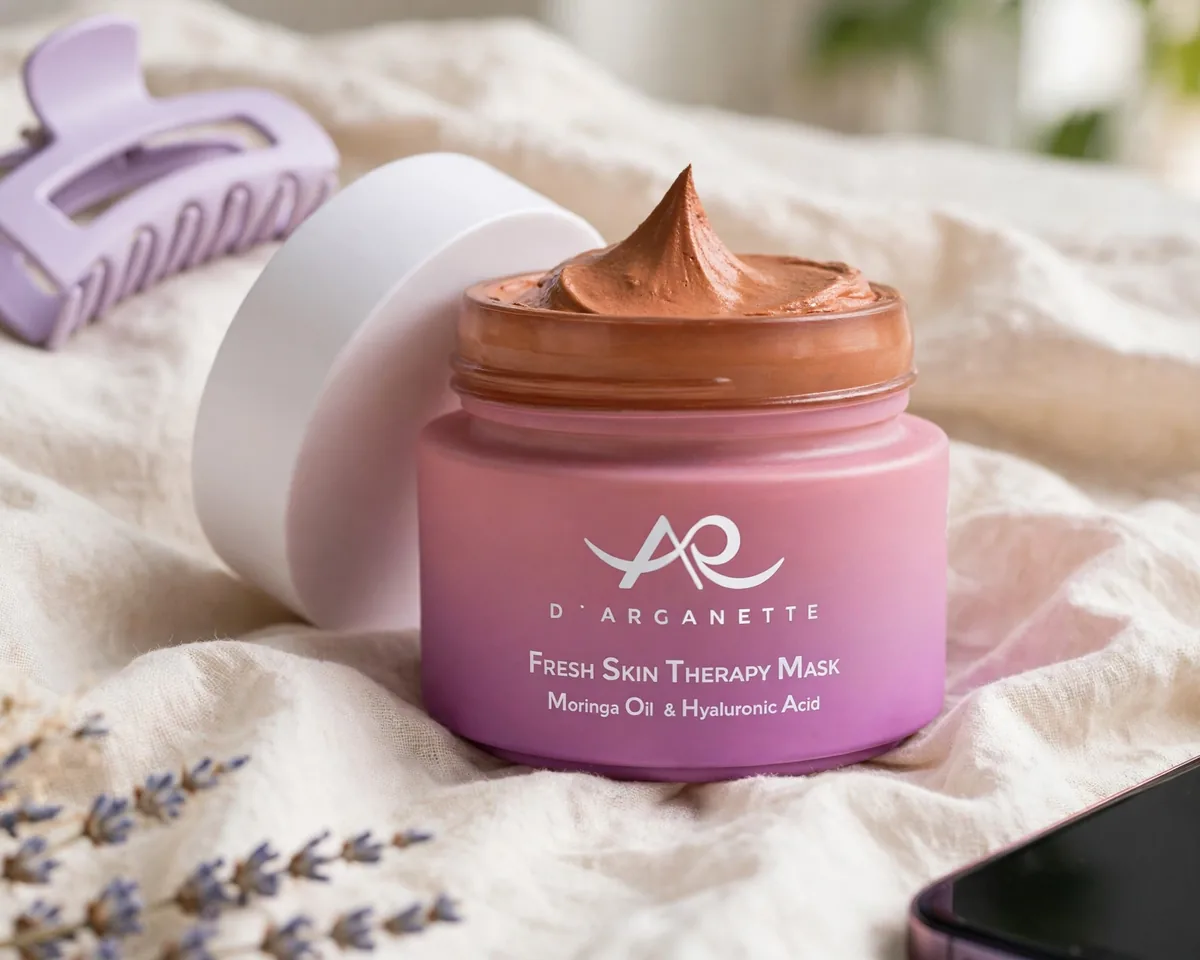 Fresh Skin Therapy Mask jar open on a cream cloth with a lavender claw clip and lavender sprigs
