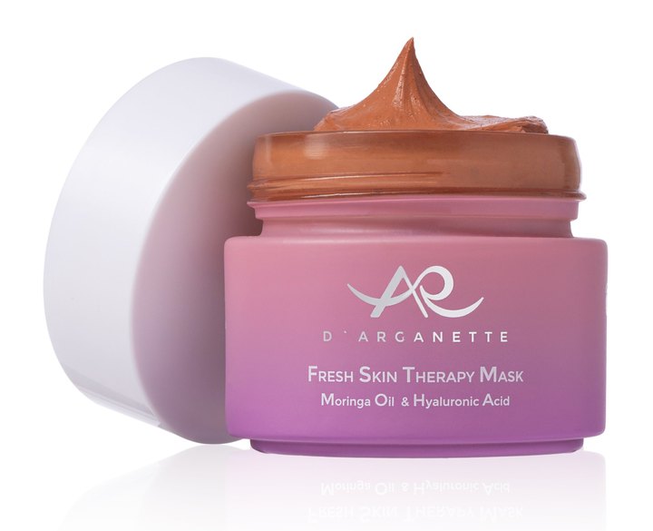 D'Arganette Fresh Skin Therapy Mask jar in pink and purple showing the clay mask inside